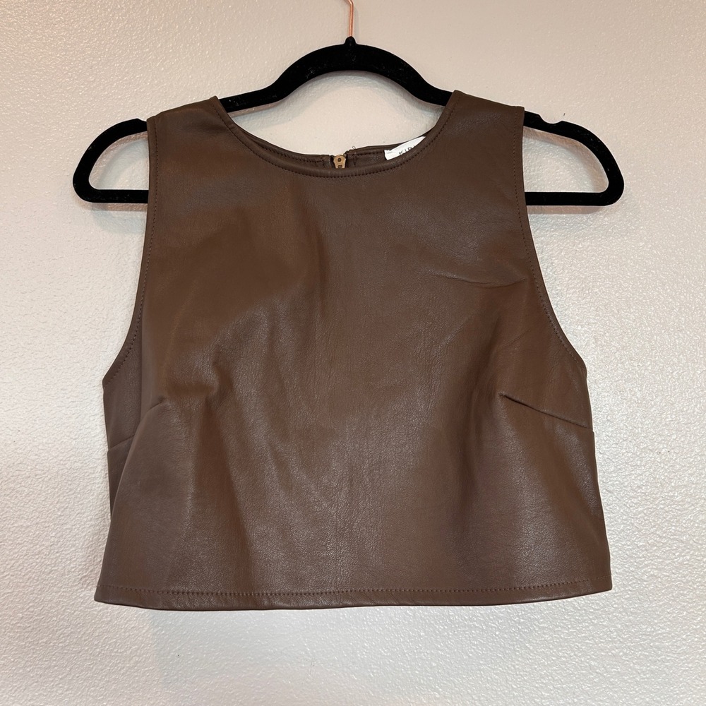 Kirious Los Angeles Brown Vegan Faux Leather Sleeveless Crop Top Zip‎ Back Large
